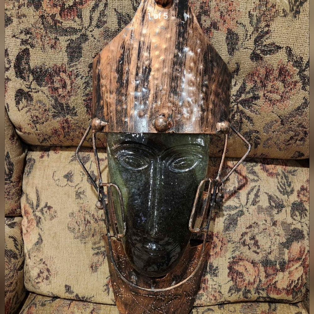 Modernist Glass Face Wall Art Candle Sconce Vintage Bronze Metal Mask MCM Boho
